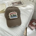 Vintage brown distressed baseball cap with Happy Camper embroidery on a striped bed - 58-62cm / Brown