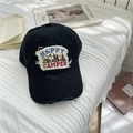 Distressed black baseball cap with Happy Camper embroidery and vintage washed denim rips - 58-62cm / Black