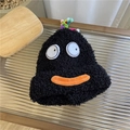 Cute black plush beanie with cartoon eyes and pom-poms for winter warmth - 56-62cm (Elastic) / Black
