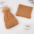 Chunky cable knit winter hat and neck warmer set with faux fur pom in ginger yellow - Hat And Scarf Set / Camel