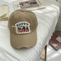 Vintage khaki washed denim baseball cap featuring Happy Camper patch and distressed details - 58-62cm / Khaki