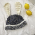 Handmade knitted bunny ear hat in grey and yellow with white faux fur trim detail - 56-59cm / Dark Gray