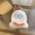 White faux fur beanie with cartoon smile face and colorful spiral pom pom details - 56-62cm (Elastic) / White