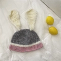 Handmade knitted rabbit hat in grey, pink and white color block with long ears - 56-59cm / Pink