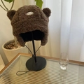 Brown plush aviator hat with bear ears and Catalina Island 1983 letter patch - 56-58cm Adult / Coffee