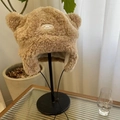 Brown plush bear ear trapper hat with Catalina Island patch and drawstring - 56-58cm Adult / Khaki