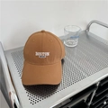 Brown cotton twill baseball cap with white Boston embroidery on a metal shelf - 56-62cm Adjustable / Camel