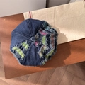 Deep blue denim beret with colorful frayed stripes and vintage distressed detail - 56-58cm / Dark Blue