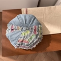Distressed blue denim beret featuring colorful striped fabric and frayed details - 56-58cm / Light Blue