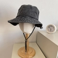 Adjustable dark grey washed denim bucket hat with windproof drawstring for sun protection - 56-58cm / Dark Grey