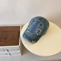 Distressed light blue denim baseball cap with vintage frayed holes and curved brim - 56-59cm (Adjustable) / Medium Blue & White