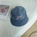 Dark blue denim bucket hat featuring an elegant pink bow embroidery and sturdy brim - 56-58cm Adjustable / Light Blue