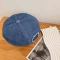 Dark blue denim beret with frayed heart patch and 'Of Paris' embroidery on wood background - 56-58cm / Dark Blue