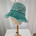 Retro washed denim bucket hat with frayed edges and windproof rope in peacock green - 56-58cm / Lake Blue
