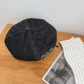 Retro black denim beret with frayed heart letter patch on a wooden tabletop - 56-58cm / Black