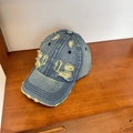 Vintage blauwe denim baseballpet met gele gerafelde details en een stoere look - 56-59cm (Verstelbaar) / Vintage Blauw