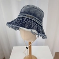 Dark blue denim fisherman hat with frayed edges and adjustable white windproof rope - 56-58cm / Dark Blue
