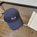 Distressed dark blue baseball cap with white embroidery and vintage ripped details - Navy Blue