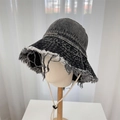 Dark grey washed denim bucket hat with frayed edges and adjustable windproof cord - 56-58cm / Dark Grey