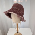 Retro reddish-brown denim bucket hat featuring frayed edges and adjustable windproof cord - 56-58cm / Burgundy