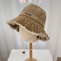 Vintage khaki denim bucket hat with raw edges, distressed wash and adjustable wind rope - 56-58cm / Khaki