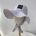 Blue and pink checkered sun hat with breathable cotton fabric and decorative bow tie - Tiffany Blue