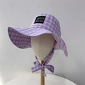 Retro purple and beige checkered sun hat with wide brim and adjustable tie straps - Purple