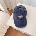 Navy blue washed denim baseball cap with white urban embroidery and vintage distressed details - Navy Blue