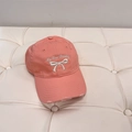 Pink baseball cap with white bow embroidery and distressed edges for a vintage look - 56-58cm Adjustable / Lotus root pink