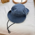 Classic blue washed denim bucket hat with metal logo and adjustable chin strap - One Size (With Adjustable String) / Medium Blue & White