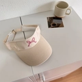 Light beige sun visor hat with pink bow embroidery and adjustable metal buckle strap - 56-58cm Adjustable / Beige Khaki