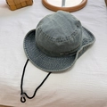Adjustable light blue denim bucket hat with windproof drawstring and metal accent - One Size (With Adjustable String) / Light Blue
