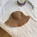Cappello a secchiello in paglia all'uncinetto con bordo arcobaleno per spiaggia estiva - Cachi