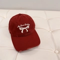 Dark red embroidered baseball cap with white bow and My Love Darling text detail - 56-58cm Adjustable / Burgundy