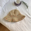 Cappello di paglia intrecciato a mano con dettagli arcobaleno e tesa larga ondulata per l'estate - Beige