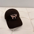 Vintage dark brown baseball cap with pink bow embroidery and distressed brim details - 56-58cm Adjustable / Coffee
