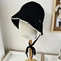 Women's black crochet straw bucket hat with white lace trim and adjustable chin strap - 56-58cm / Black