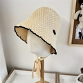 Breathable lace hollow straw bucket hat with black wavy trim and adjustable ribbon straps - 56-58cm / Beige Khaki