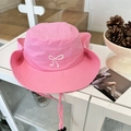 Pink quick-dry sun hat for girls featuring a white bow embroidery and windproof rope - 56-58cm / Rose Red