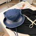Outdoor washed dark blue denim bucket hat with a triangular logo and adjustable drawstring - 56-58cm / Dark Blue