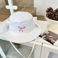 White quick-dry sun hat for women with a pink bow embroidery and chin strap - 56-58cm / White