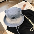 Light blue washed denim bucket hat for women with triangular logo and reinforced brim - 56-58cm / Light Blue