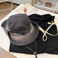 Dark grey washed denim bucket hat with adjustable wind cord and triangular logo - 56-58cm / Dark Grey