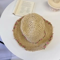 Foldable beige straw sun hat with pink floral embroidery for women's summer vacation - 56-58cm Adjustable / Beige