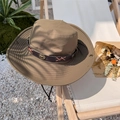 Dark khaki wide brim outdoor sun hat with leather band and adjustable windproof strap - 56-58cm / Army Green