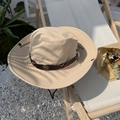 Beige wide brim outdoor sun hat with decorative leather band and adjustable chin strap - 56-58cm / Khaki
