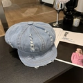 Distressed light blue denim newsboy cap with vintage wash and orange stitching detail - 56-58cm / Medium Blue & White