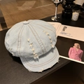 Distressed light blue denim newsboy cap with vintage rips and yellow stitching - 56-58cm / Light Blue