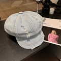 Light blue distressed denim newsboy cap with vintage ripped details and fringe edges - 56-58cm / Bleached Light Blue