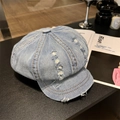 Retro light blue distressed denim octagonal newsboy hat with ripped edge details - 56-58cm / Bleached Medium Blue